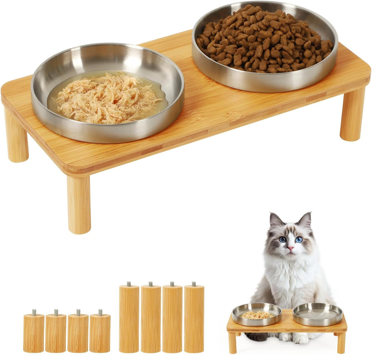 Raised Cat Bowl, Elevated Cat Bowls with Bamboo Stand, Set of 2 – Essentials for Cats - Rectangle Stand with Stainless Steel Bowls
