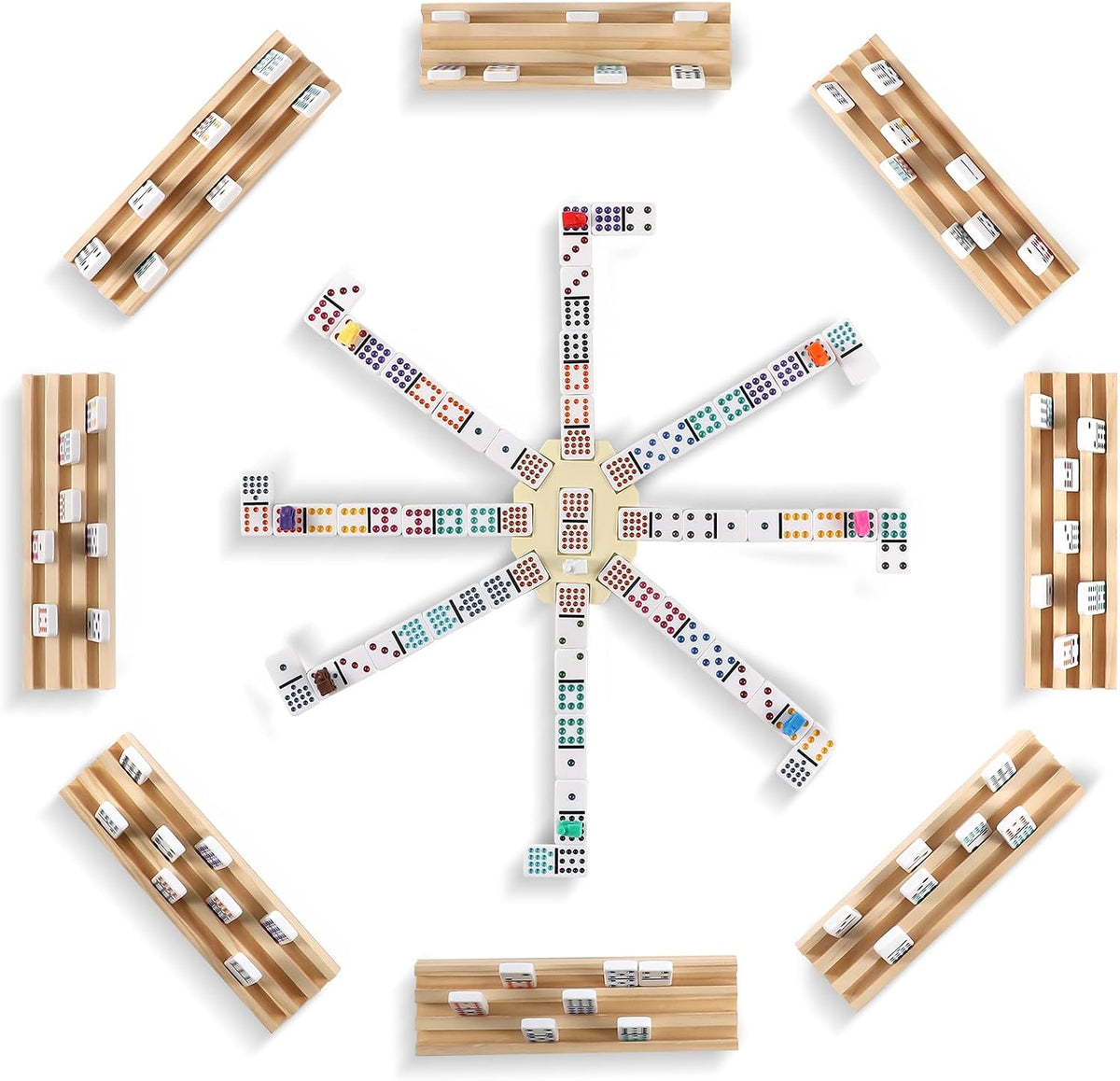 Mexican Train Dominoes Set with Numbers and 4 Wooden Trays/Racks - D15 Dot 8 Players - image 3