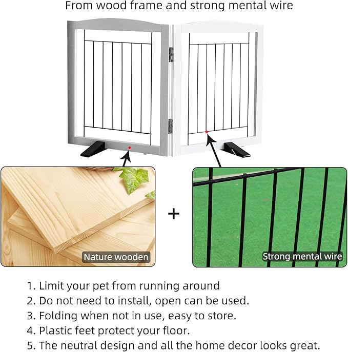 ZJSF Freestanding Dog Fence Indoor, Foldable Dog Gate for Doorways, Stairs or Hallways, Sturdy Wood Extra Wide Pet Gate with Support Feet for The House, White, 24 "Height-2 Panels