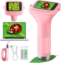 Odatay 1000X Digital Kids Microscope Kit with 12 Slides & 2" Screen - Pink
