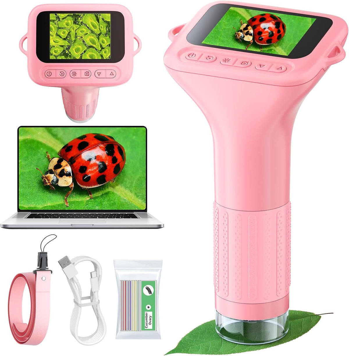 Odatay 1000X Digital Kids Microscope Kit with 12 Slides & 2" Screen - Pink
