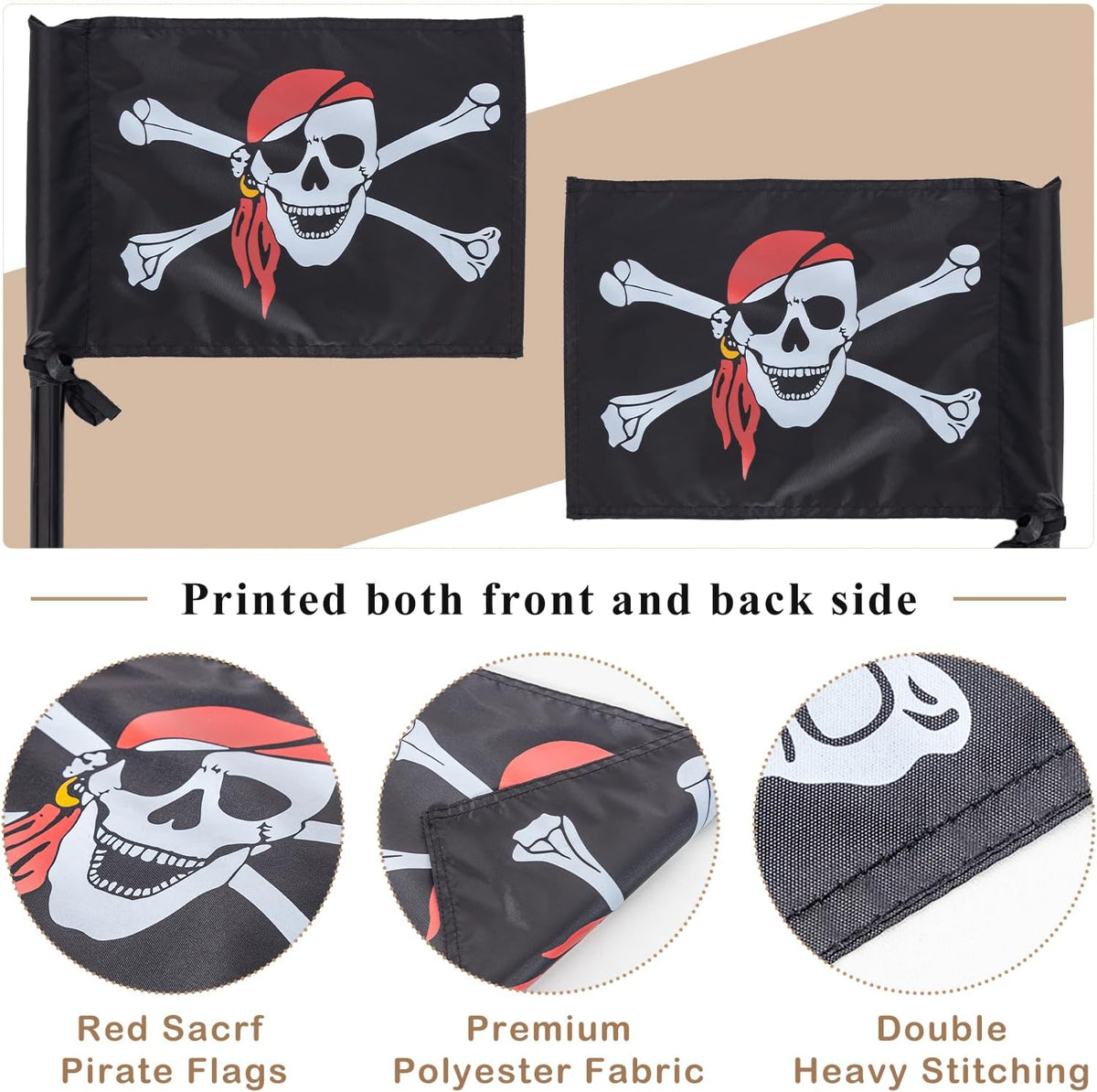 ifeolo double sided pirate flag with skull, crossbones and red scarf on a stainless steel pole - view 4