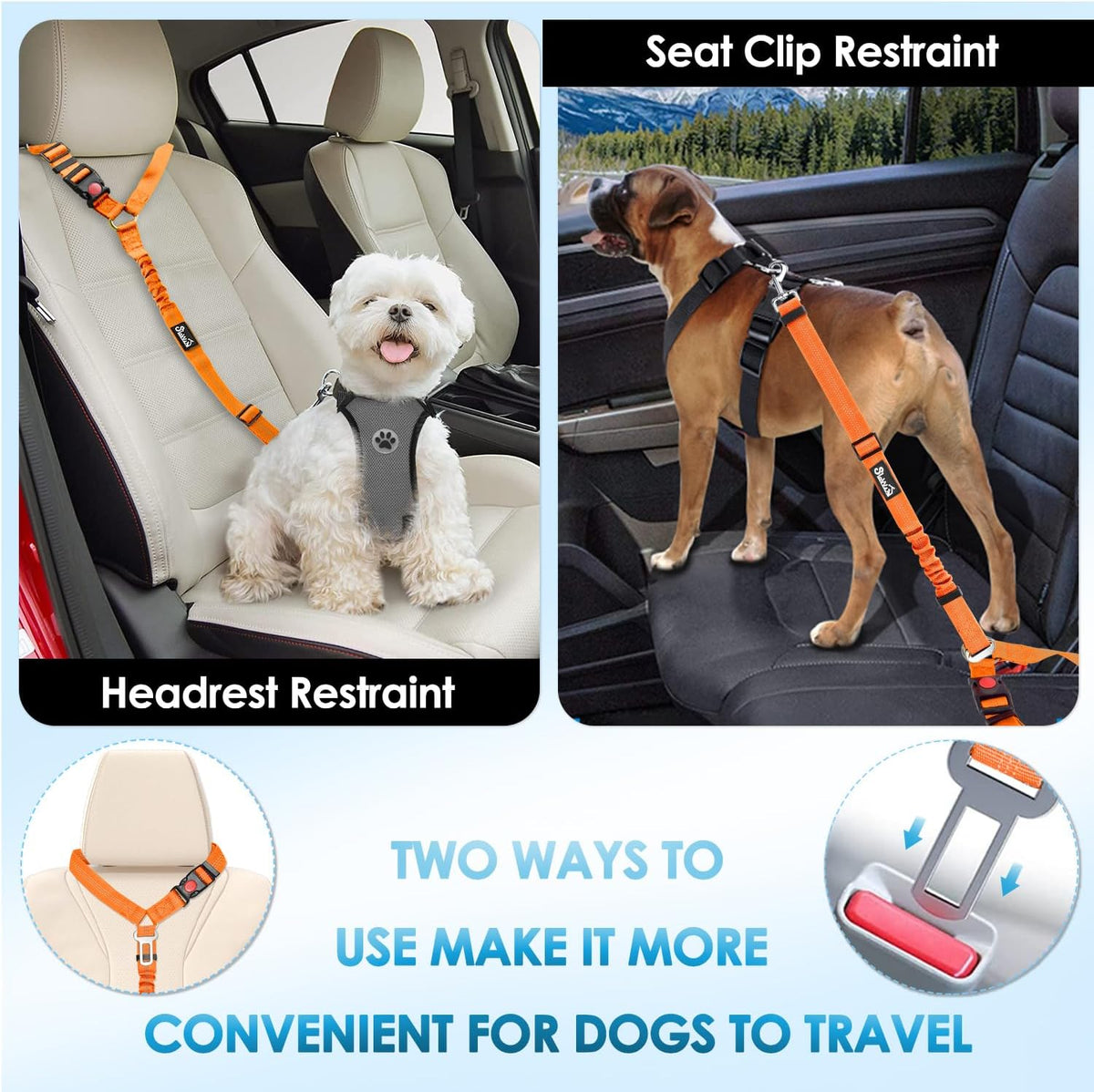 Lukovee Dog Seat Belt, 3-in-1 Headrest & Seatbelt Clip & Latch, 2 Pack – Essentials for Dogs - Orange / A- Headrest with Clip + 2 in 1 Seat Belt - image 3