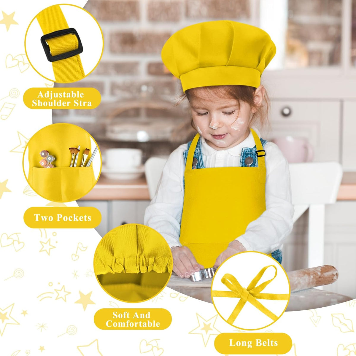 Kids Apron and Chef Hat Set Adjustable Child Art Aprons with 2 - F-yellow / Large - image 3