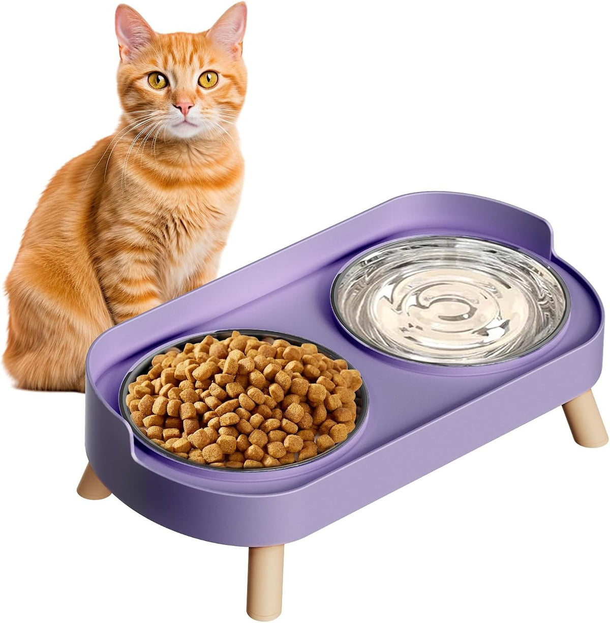Elevated Cat Bowl, Raised Cat Food and Water Bowl Set for Indoor Cats, Splash Proof with 2 - Cat Bowls-Purple