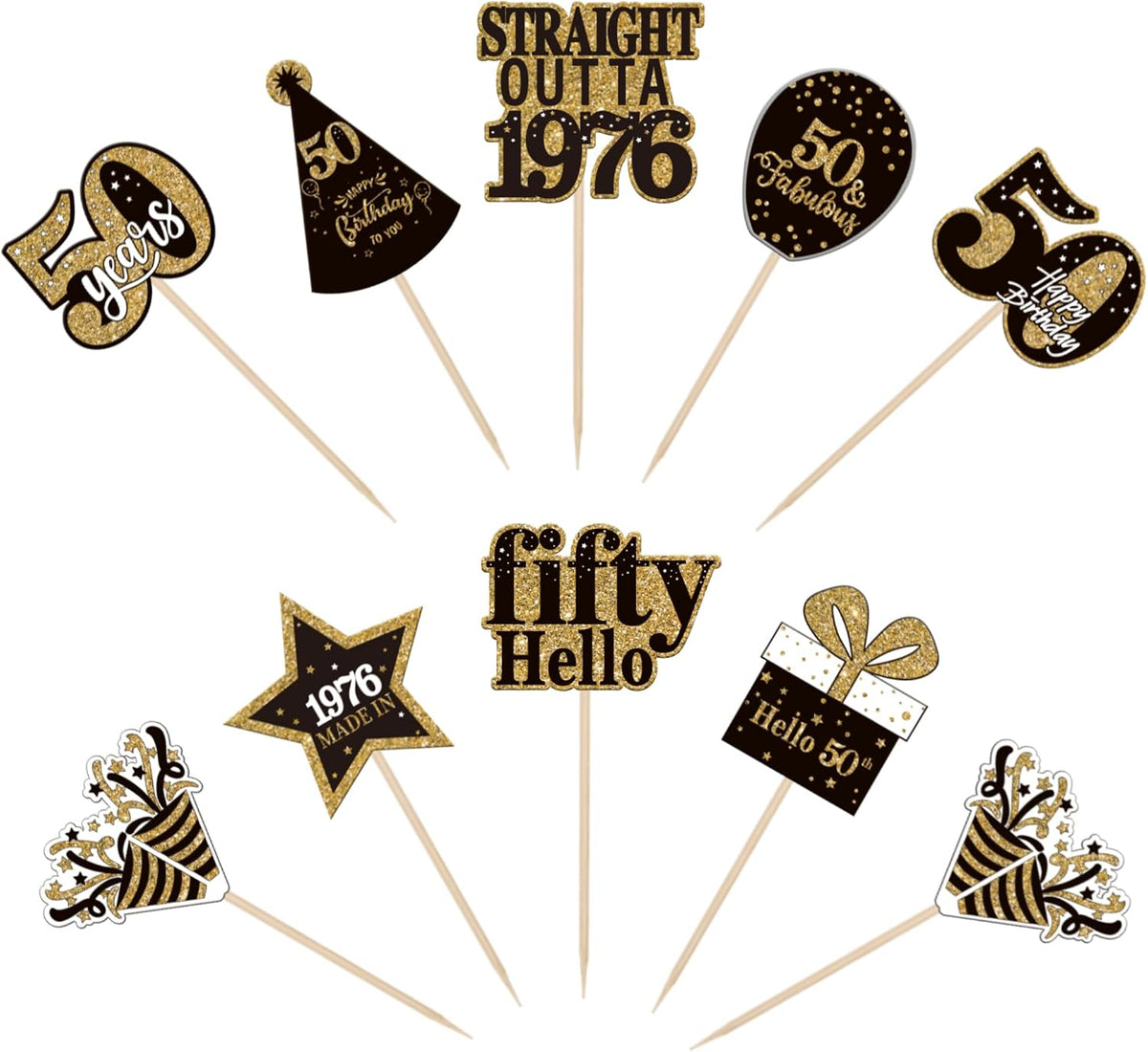 36PCS Happy 80th Birthday Cupcake Toppers Double Sided Black Gold - Straight Outta / 50th - image 3