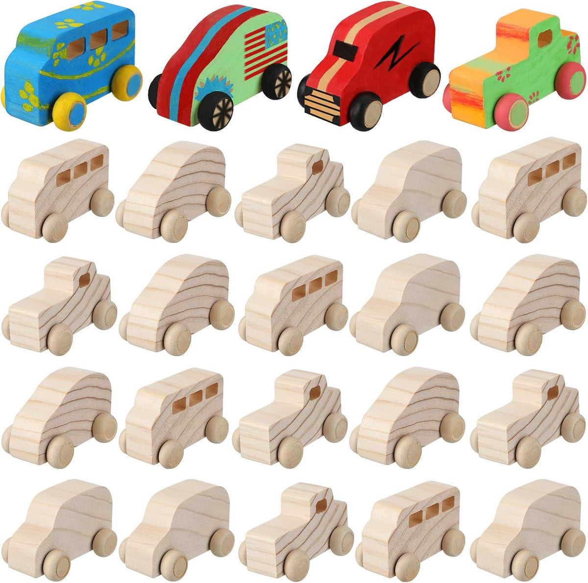 Chivao unfinished wooden cars, 24 paintable DIY toy cars in 4 styles including bus and truck - view 2