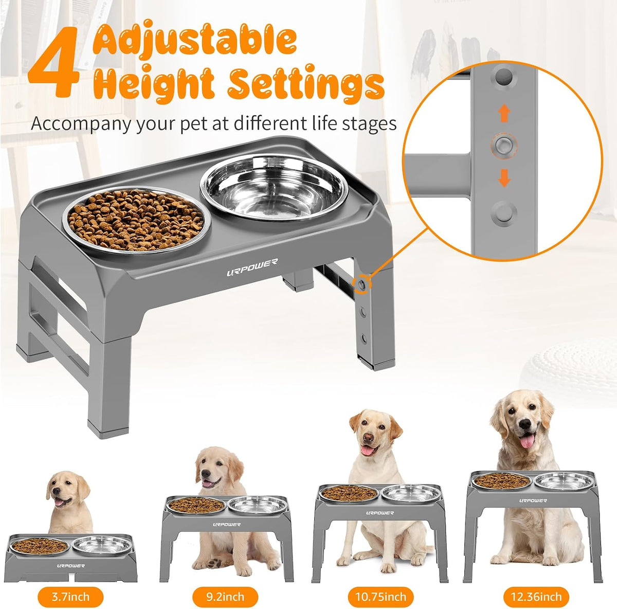 URPOWER Raised Dog Bowls 4 Height Adjustable Elevated Bowl Stand – Essentials for Dogs - Light Grey - image 2