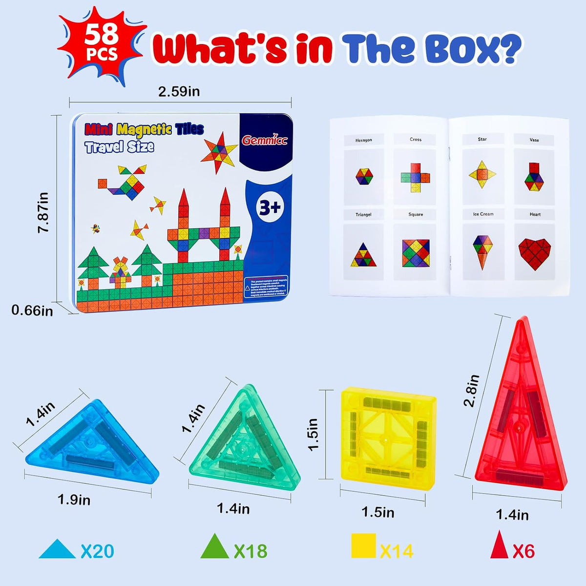 Gemmicc 100 PCS Magnetic Tiles with 2 Cars - Mini 58 PCS - image 2