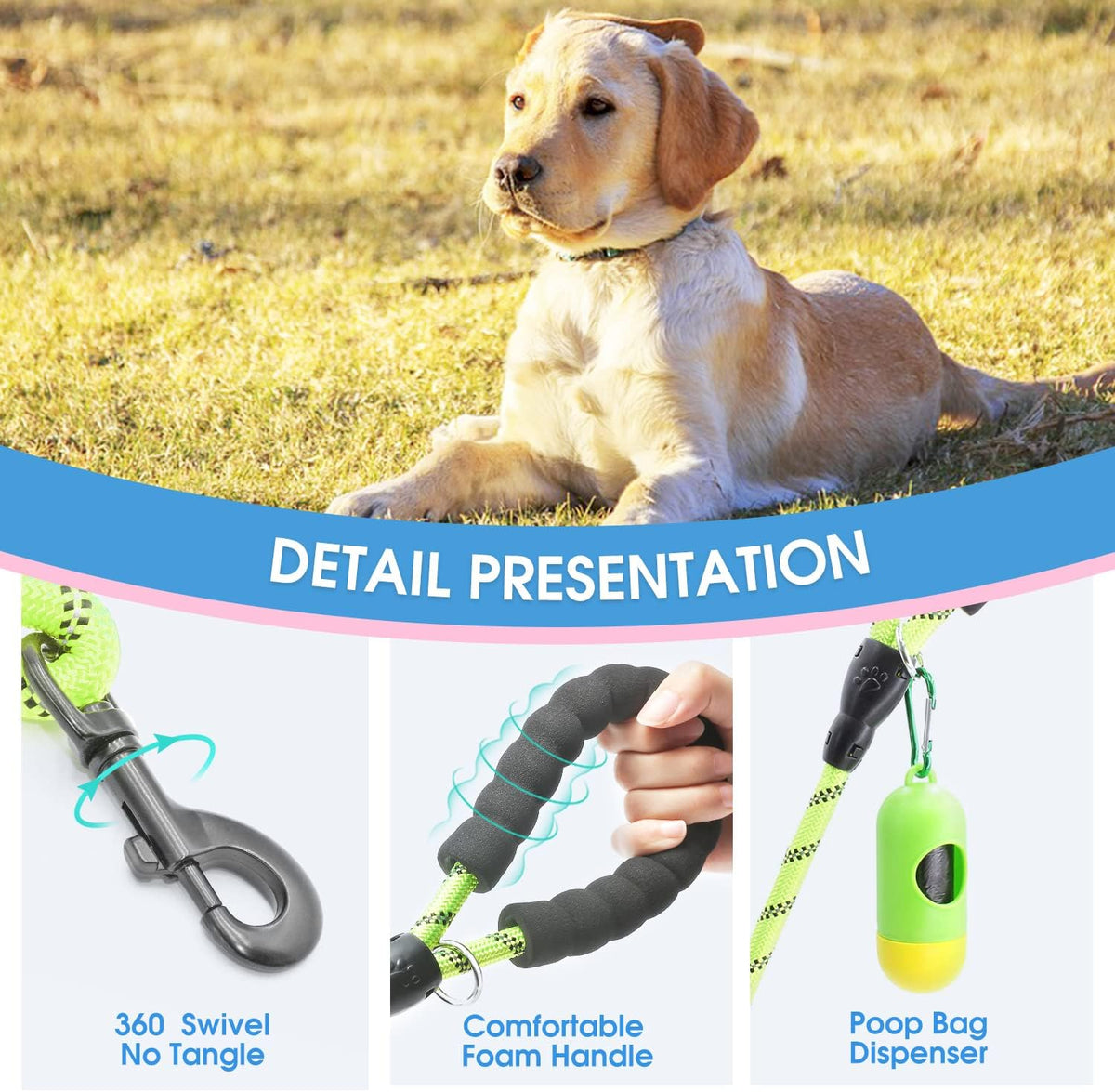2/4/5/6 FT Dog Leash with Comfortable Padded Handle and Highly - 1/2'' x 4 FT / Green - image 3