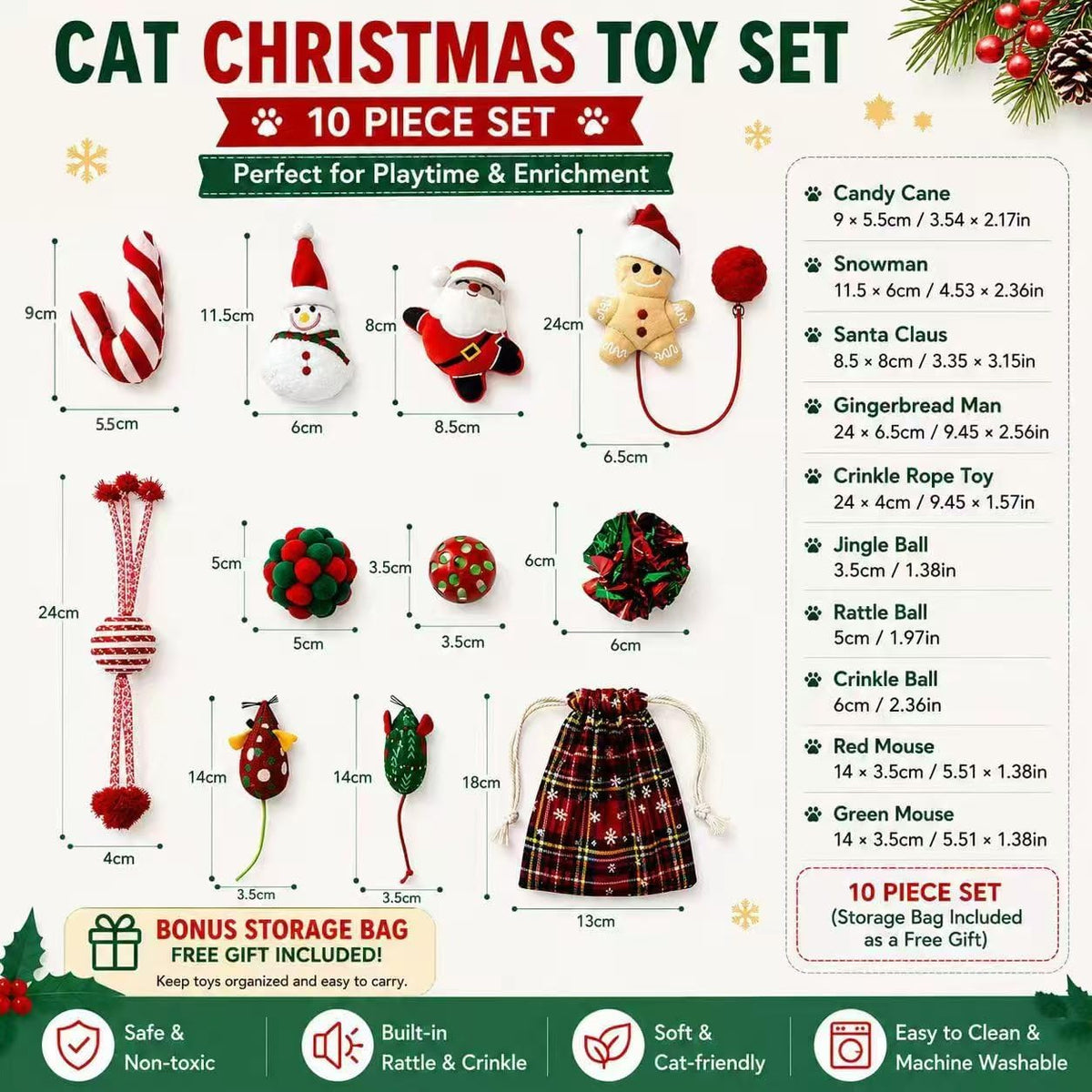 TUSATIY Cat Toy Balls with Bell 3PCS - 10PCS Christmas - image 3