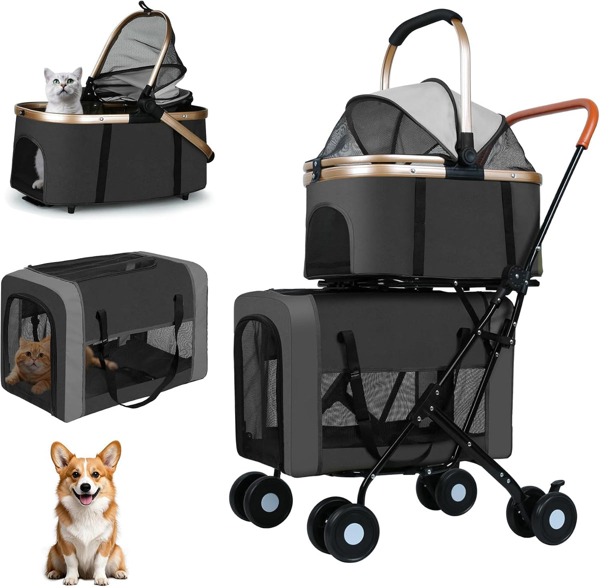 Double Pet Stroller, 4 Lockable Wheels for Small‑Medium Dogs & Cats – Essentials for Dogs - Black