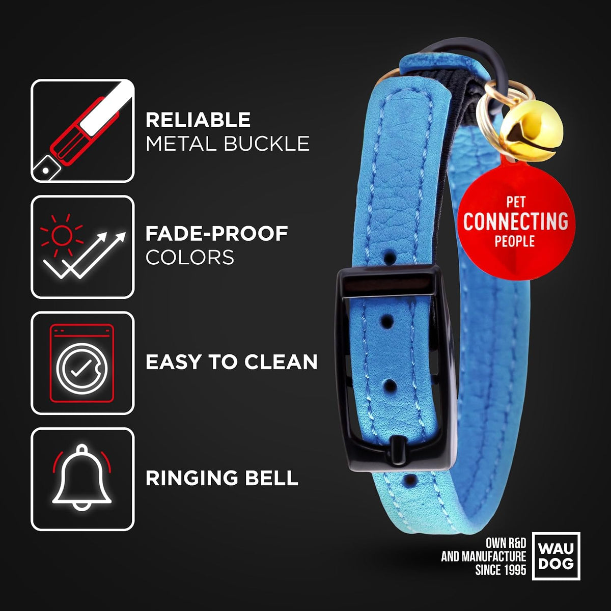 WAUDOG Leather Cat Collar with Bell Elastic Strap Stretchy Kitten - Blue / 6.5" - 8" Without Holder - image 4