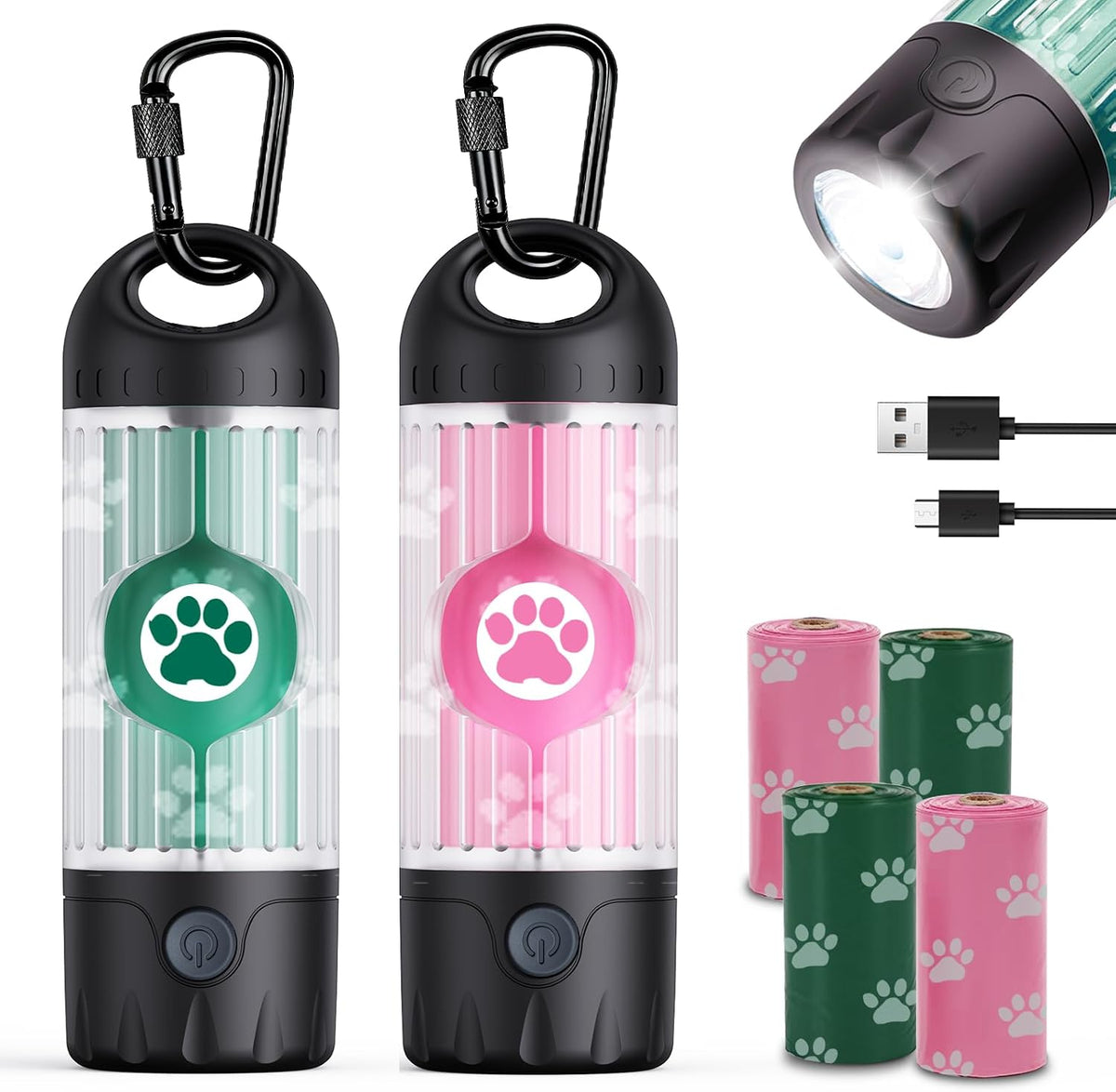 Tubasion 3-in-1 Dog Poop Bag Holder with Flashlight 7-Color - 2 Dispensers, 60 Bags