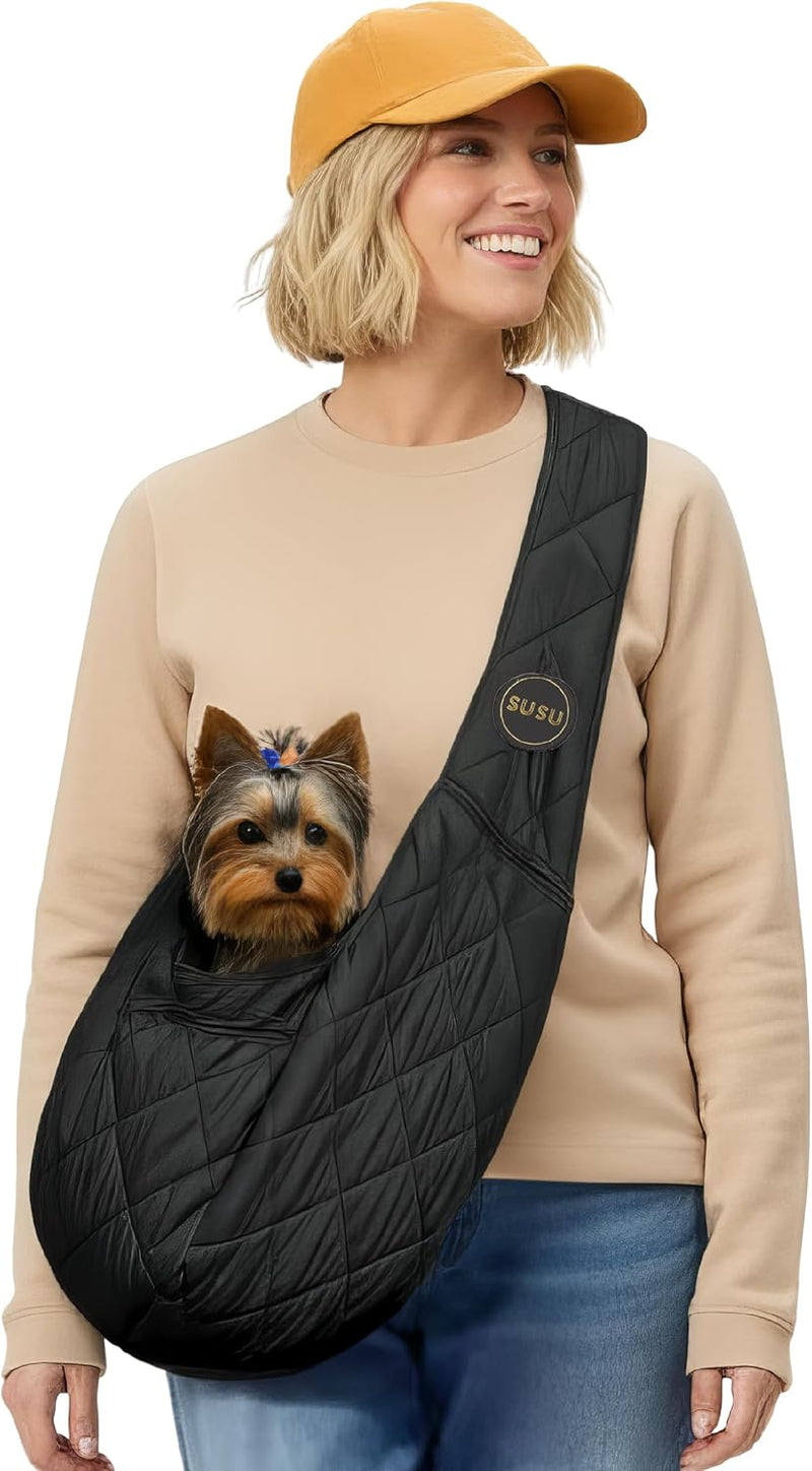 Small Dog Sling Carrier, Hands-Free Crossbody for Pets 3-8 lb - Silk Black