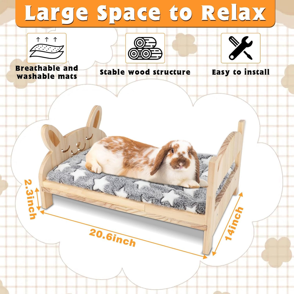 Large wooden rabbit bed with removable cushion and bunny pattern - view 2