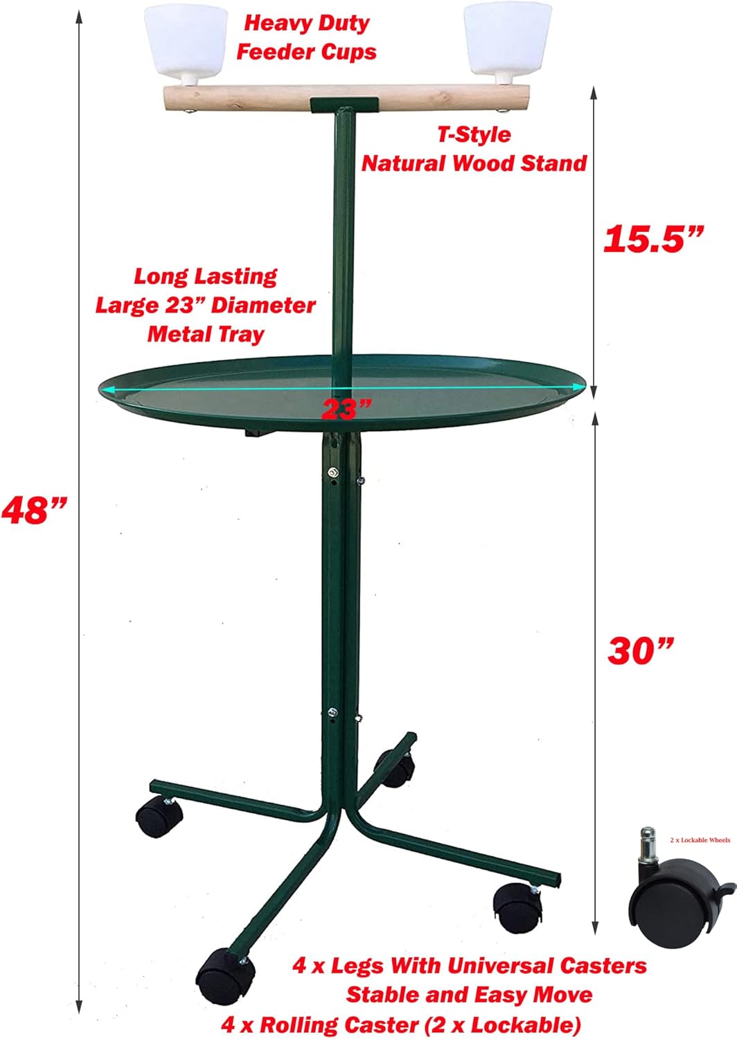 Large 48" Parrot Play T-Stand with Lockable Wheels – Essentials for Birds - image 2