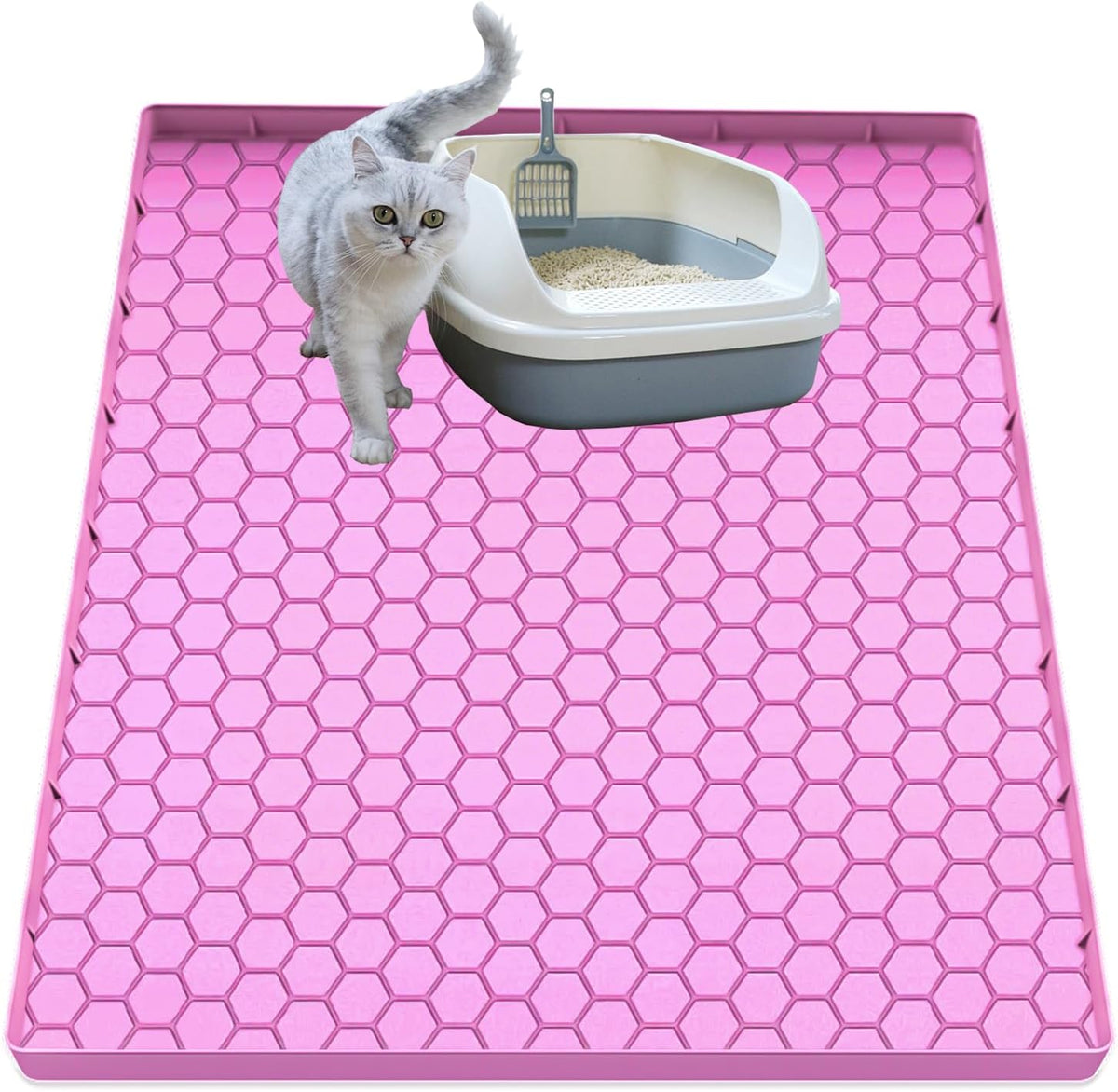 Cat Litter Mat, Silicone Large Cat Mat for Litter Box - 28"L x19"W / Pink