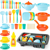 deAO 41-piece kids play dishes set with drainer, cups, plates, cutlery and pans