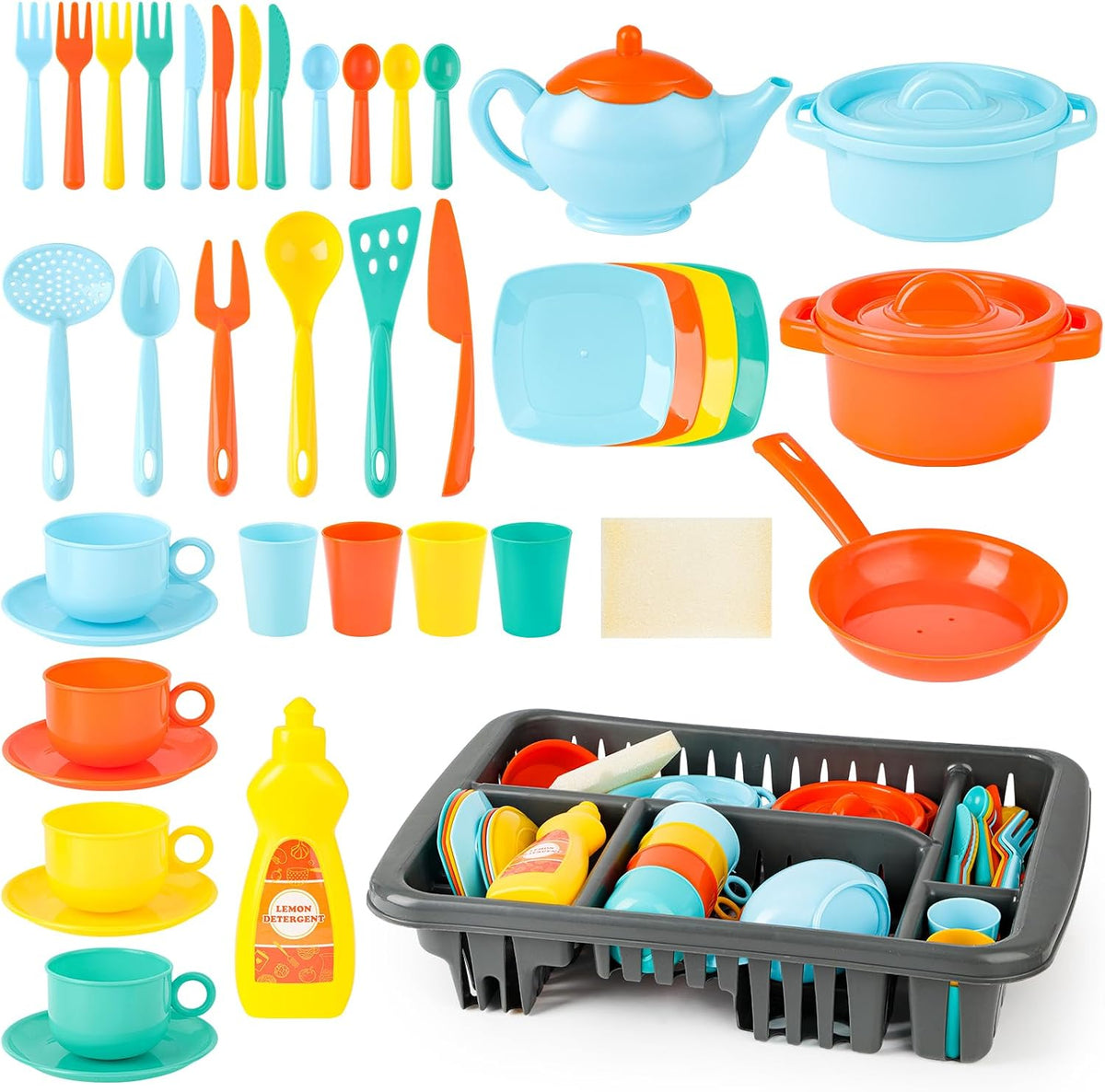 deAO 41-piece kids play dishes set with drainer, cups, plates, cutlery and pans