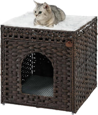 Cat Litter Box Enclosure Furniture, Hidden PE Rattan - Brown / Standard With 1 Cat Bed