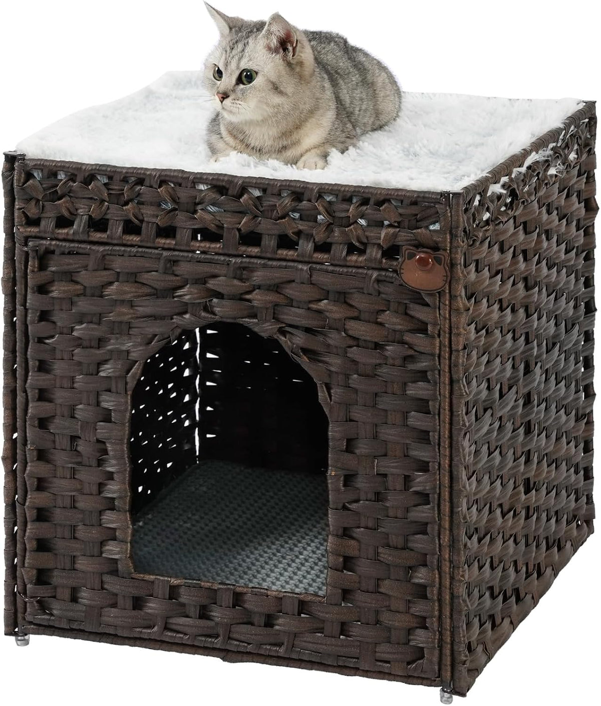 Cat Litter Box Enclosure Furniture, Hidden PE Rattan - Brown / Standard With 1 Cat Bed