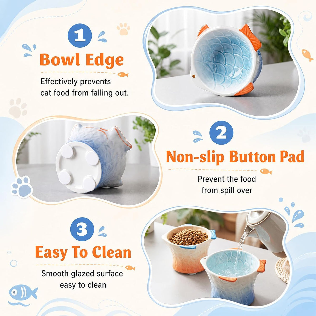 2 Pcs Elevated Cat Bowls, Raised Ceramic Food Bowls, Blue, Green – Essentials for Cats - Blue,Orange - image 3