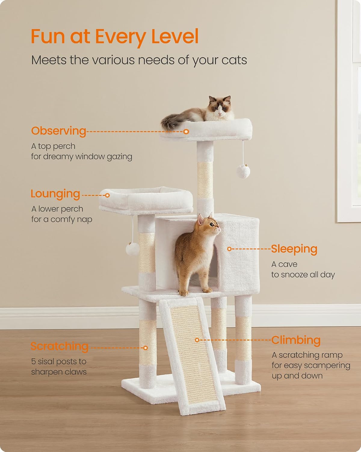 Feandrea Cat Tree, Plush Climbing Condo, Green - Cream White - image 4