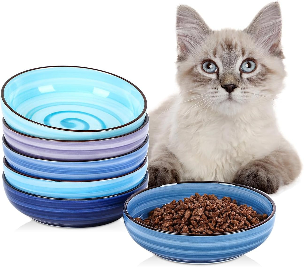 Selamica Ceramic Cat Bowls Set of 6 - 5.6 Inch, Set of 6 / Gradient Blue