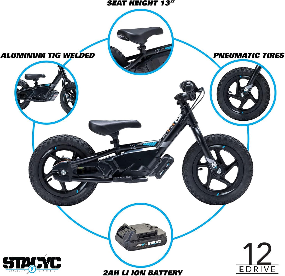 Stacyc 12eDrive electric balance bike for kids ages 3 to 5 with aluminum frame and lithium-ion batte - view 3