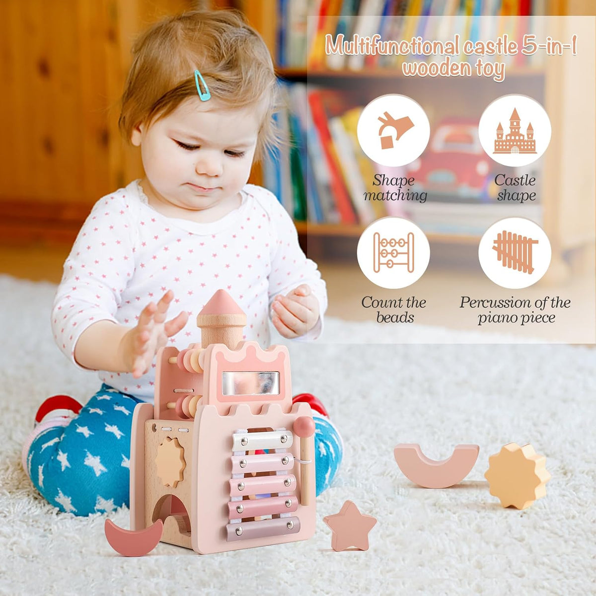 Youuys wooden activity cube, 11-in-1 Montessori toy in mushroom design - view 7
