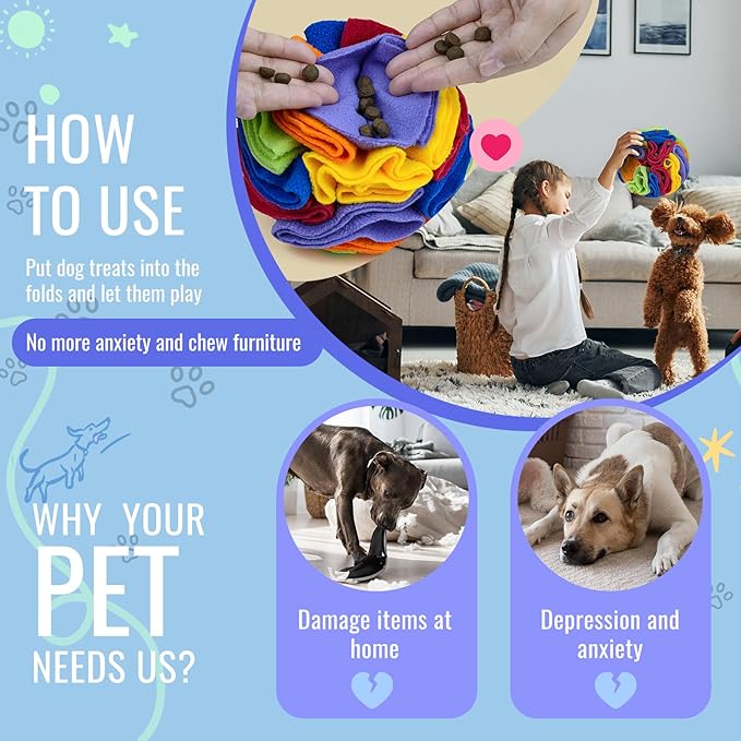 Pet Snuffle Ball, Puzzle Sniffing Interactive Dog Ball for Blind Dogs Training Stress Relief Dog Enrichment Toys Treat Machine Washable (15cm, Rainbow Color)
