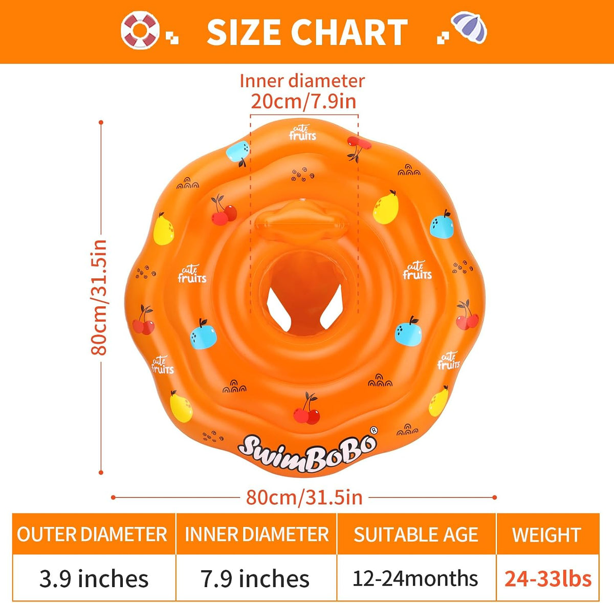 Inflatable Baby Swimming Float with Safety Seat Fun Swimming Pool - Orange - image 4