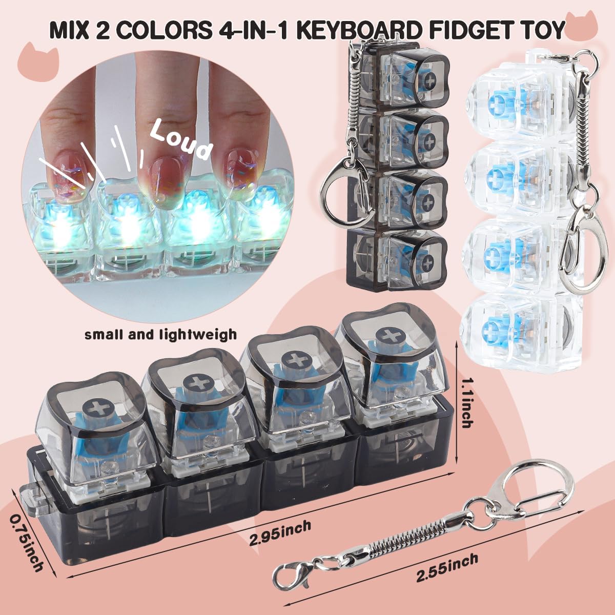 TYRIXKI 2 keyboard fidget toys, black and white heart shape clicker keychains - view 8
