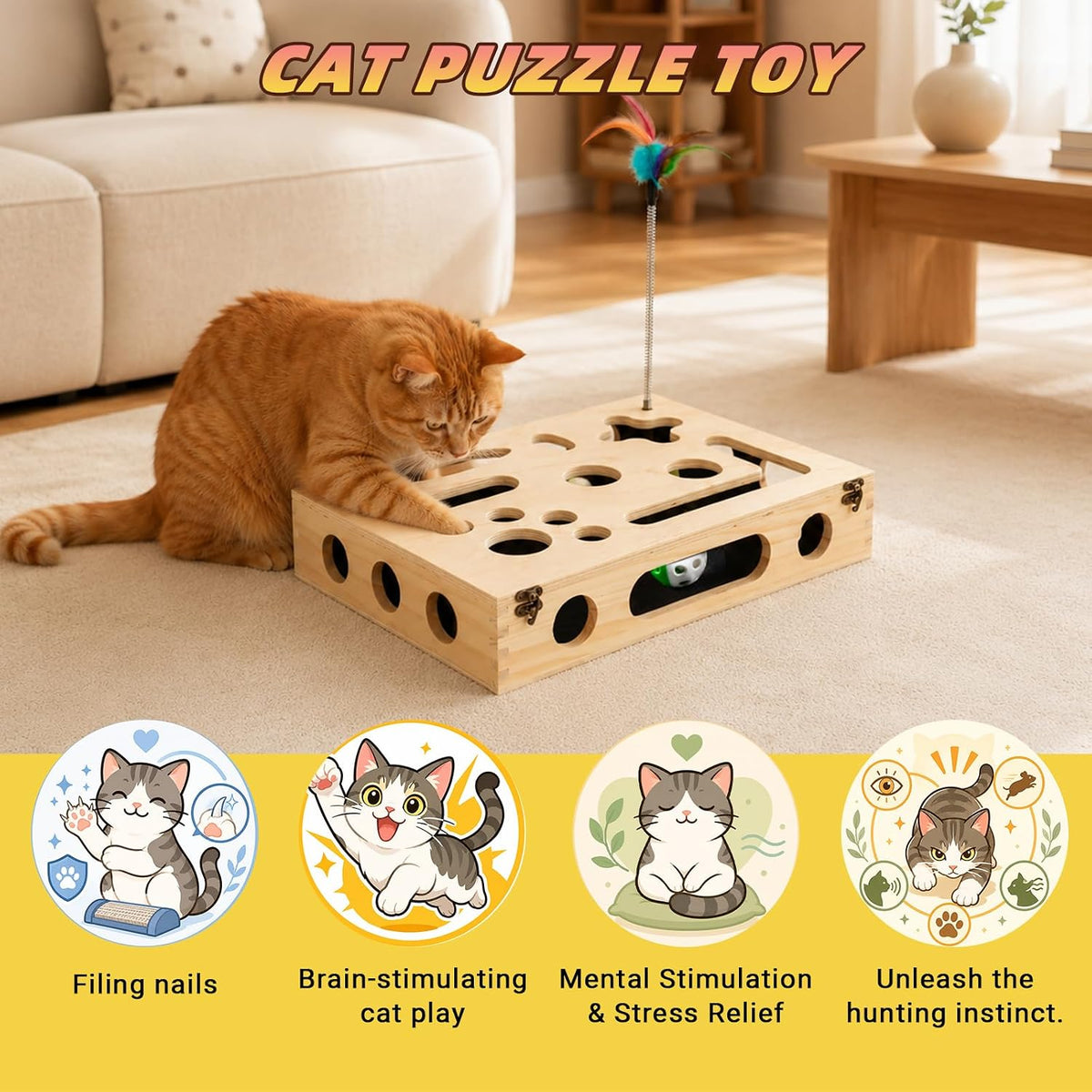 OPDEKEHA wooden cat scratch puzzle enrichment box with bell balls and feather wands - view 2