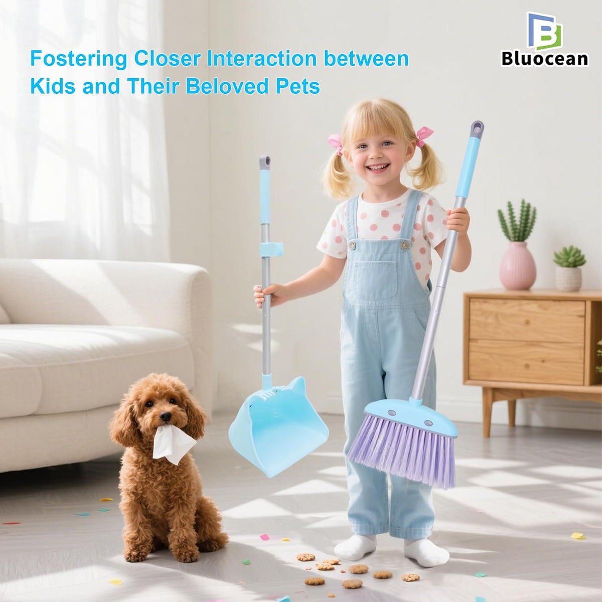 Bluocean 28 inch blue kids mini broom and dustpan with cartoon cats - view 3