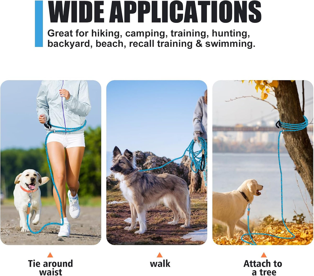 Long Dog Leash Reflective Rope Training Lead 15ft 30ft 50ft Check Cord – Essentials for Dogs - Light Blue / 30ft x 3/8inch - image 3