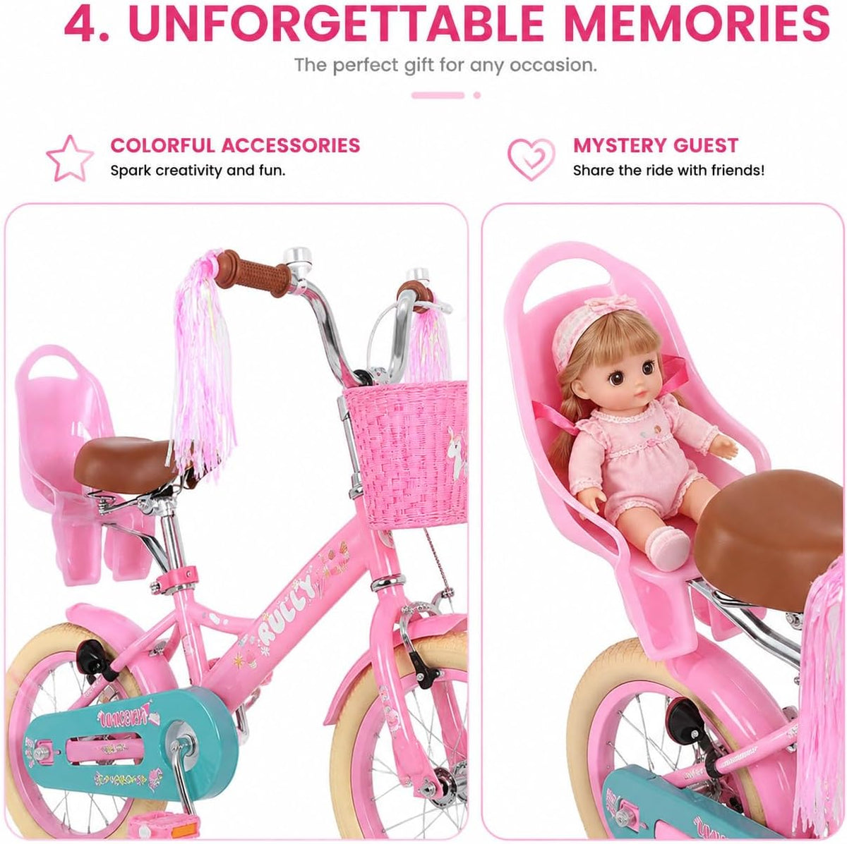 RULLY pink unicorn kids bike with training wheels, front basket, doll seat and streamers - view 14