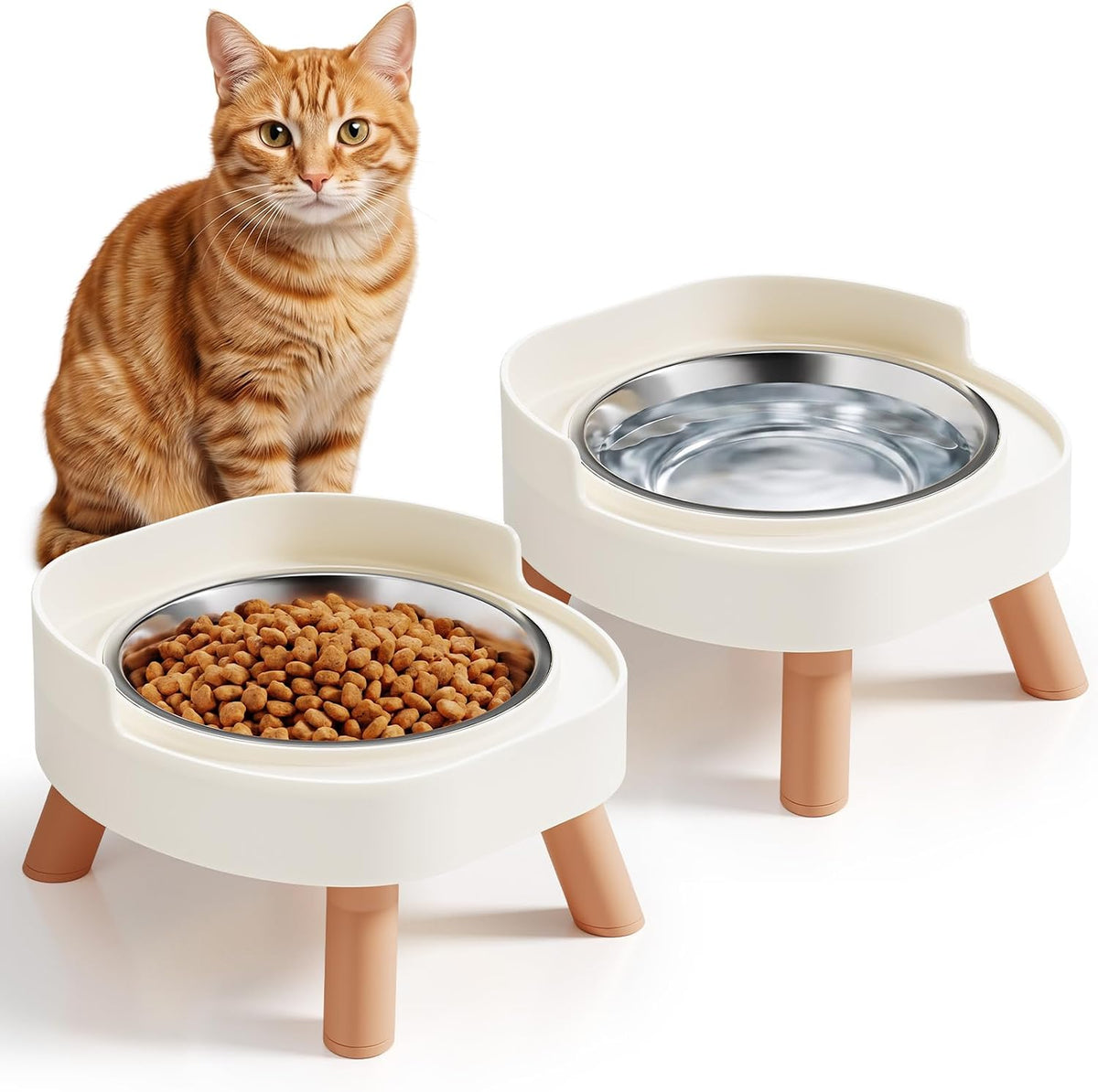Elevated Cat Bowls, 2P Raised Cat Food and Water Bowl Set for Indoor Cats, Splash Proof with 2 - 2P Cat Bowls - White