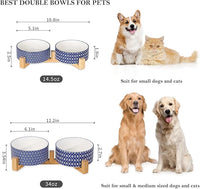 Selamica Ceramic 14 OZ Dog Bowls with Wooden Stand, Anti-Slip Dog Dishes Set for Cats & Small Dogs, Weighted Pet Bowls Set of 2, Vintage Blue