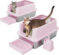 RIZZARI Stainless Steel Litter Box: High Sides for Kittens & Small - Pink with Deodorizer, 2 Pack