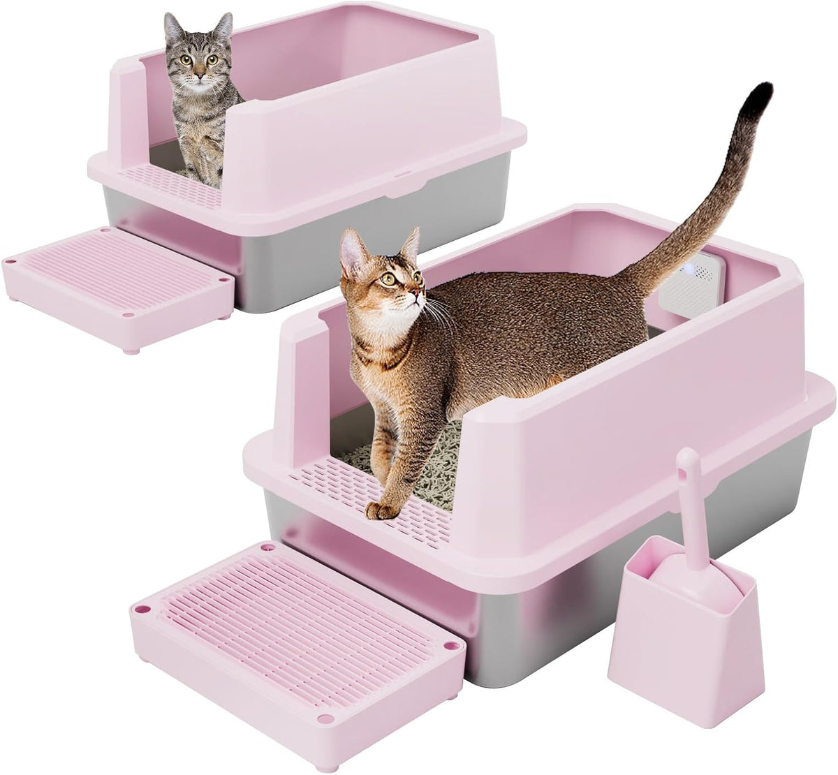 RIZZARI Stainless Steel Litter Box: High Sides for Kittens & Small - Pink with Deodorizer, 2 Pack