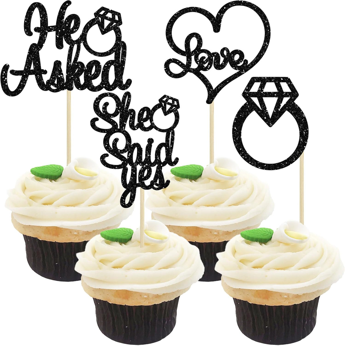 Gyufise He Asked She Said Yes Cupcake Toppers Gold Glitter Diamond - Black
