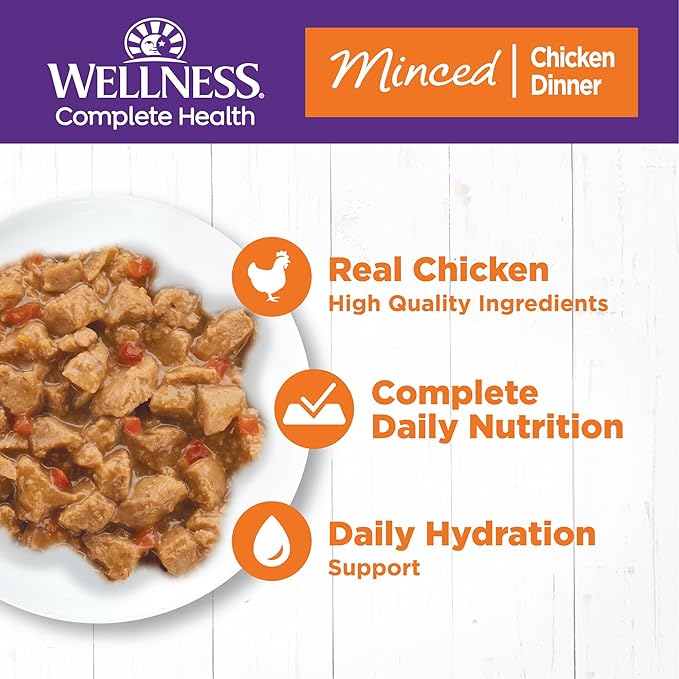 Wellness Complete Health Minced Adult Wet Cat Food, Natural, Protein-Rich, Grain Free, 3 Ounce , 24 Pack, (Chicken Entrée)