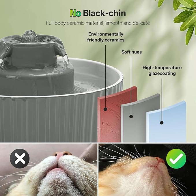 Ceramic Cat Water Fountain, 2.1L/70oz Porcelain Pet Drinking Dispenser with 4 Set Replacement Filter & Sponge, Automatic Dog Water Bowl with Ultra-Quiet Pump, Cat Feeding Watering Supplies(Grey)