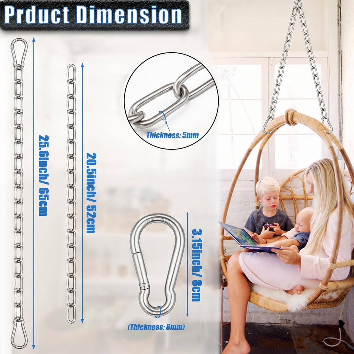 2 Pack Hanging Swing Chain with 4 Carabiners 25in, Swing Chairs - Silver / 25in×1pcs - image 2