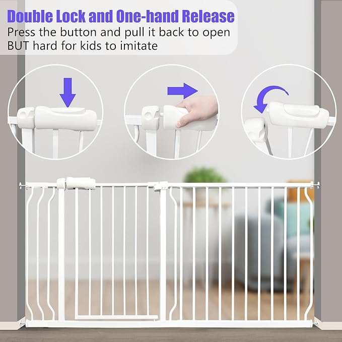 Extra Wide Baby Gate 53-57.5 Inch, Tension Mounted No Drilling, Auto Close Indoor Safety Gate for Stairs & Doorways - Metal Design for Kids and Pets, White