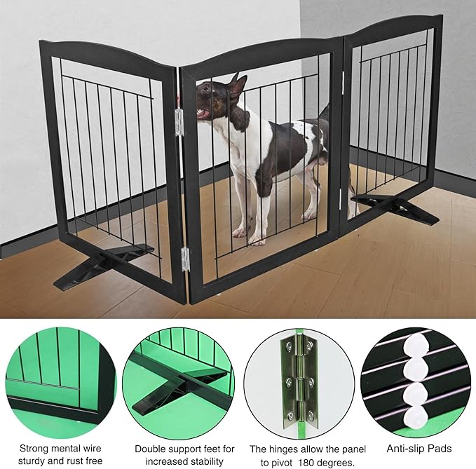 ZJSF Freestanding Dog Fence Indoor, Foldable Dog Gate for Doorways, Stairs or Hallways, Sturdy Wood Extra Wide Pet Gate with Support Feet for The House, Black, 24 "Height-3 Panels