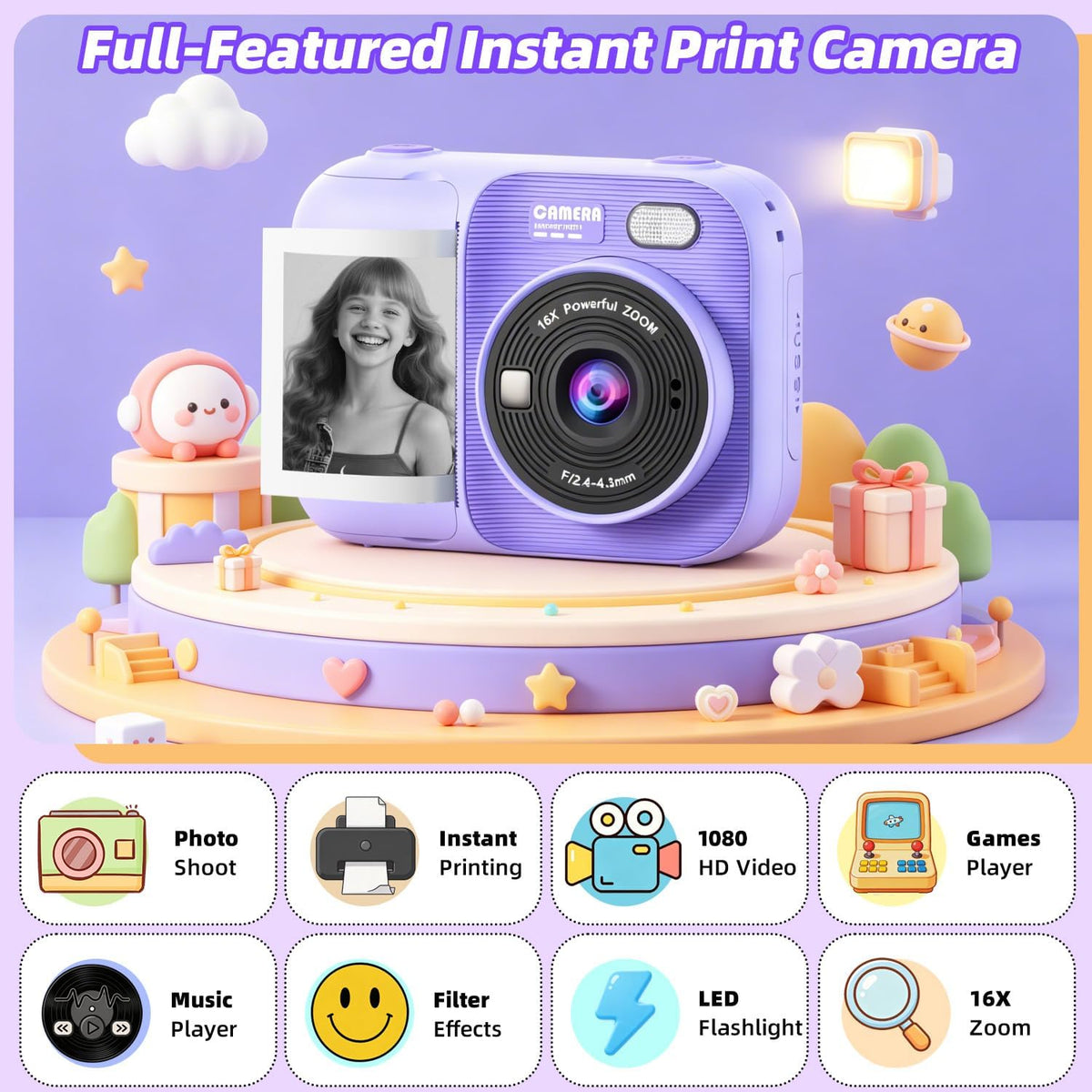 Kids Instant Print Camera with 5 Rolls Print Paper - Purple - image 3