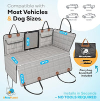 APetsPlanet Dog Car Seat Cover for Back Seat Hard Bottom - Waterproof Backseat Extender for Dogs - Pet Hammock Bed for Car, Truck, SUV with Mesh Window & Storage - Gray Leather, with Door Covers